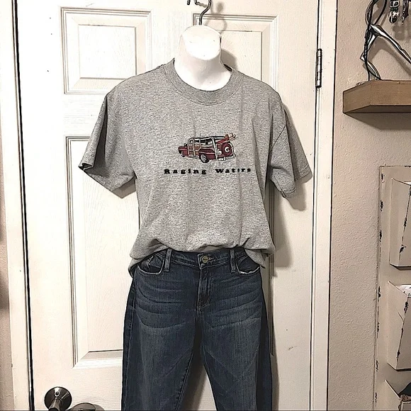 Raging Waters Embroidered Woodie Station Wagon Surfboard Gray Crewneck T Shirt